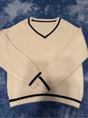 SHEIN Cream V-Neck Sweater with Navy Stripes - Men